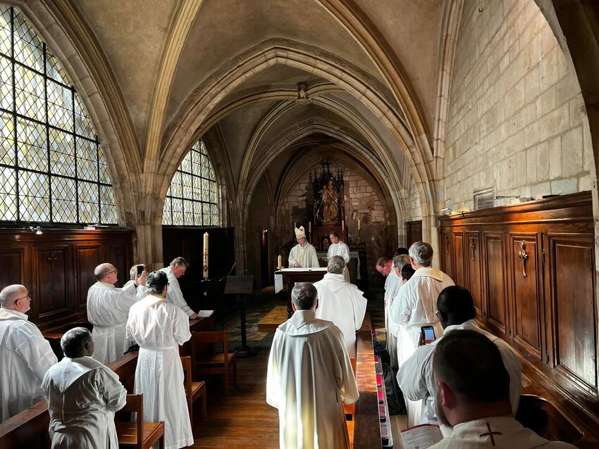 Twenty priests of the Jefferson City diocese gather for Mass with Bishop W. Shawn McKnight April 15 in the chapel of &ldquo;La Providence,&rdquo; the place they were staying during their pilgrimage and retreat in Ars-sur-Formans, France.