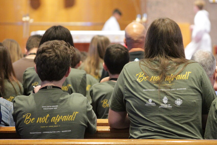 Catholic sixth-graders from throughout the Jefferson City diocese wear their T-shirts proclaiming &ldquo;Be not afraid!&rdquo; during Mass at Sixth Grade Vocations Day on May 3 in Our Lady of Lourdes Church and Our Lady of Lourdes Interparish School in Columbia. Participants learned about Marriage, Priesthood and Consecrated Religious Life and every Christian&rsquo;s call to pursue holiness.