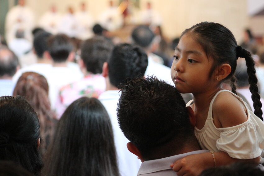 Hundreds of Hispanic Catholics on pilgrimage from parishes gather for Mass in Spanish offered by Bishop W. Shawn McKnight June 18 in the newly renovated Cathedral of St. Joseph in Jefferson City. It was the first Mass in Spanish in the Cathedral since its rededication May 5.