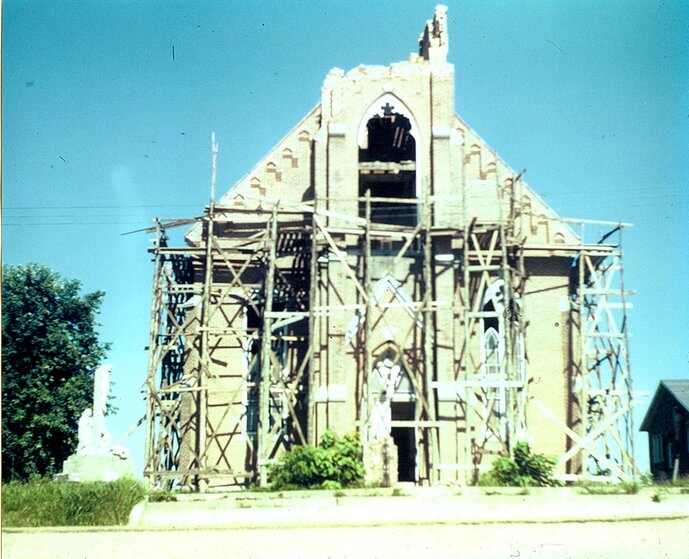 Historical photo of damage to St. Thomas the Apostle Church following the tornado of May 1, 1948.