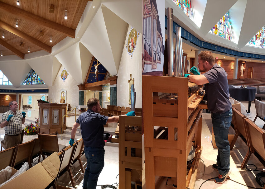 Technicians with the Buzard Organ Company of Champaign, Illinois, work on voicing pipes for the new organ that&rsquo;s being built for the Cathedral of St. Joseph in Jefferson City. The new organ, part of a comprehensive renovation of the Cathedral, is slated to be installed in early 2024.