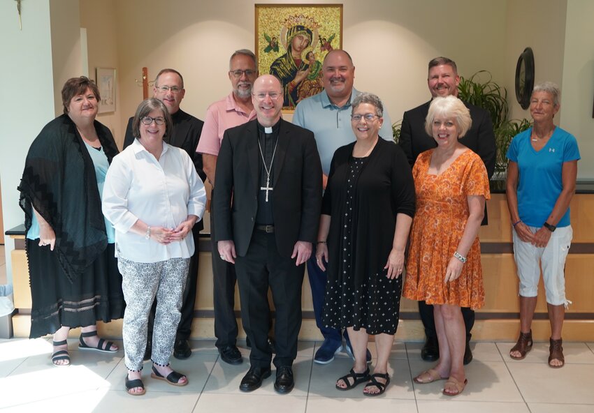 The following members of the Diocesan Stewardship Council attended the council&rsquo;s inaugural meeting on Aug. 23: (front row) Anne Hackman, Bishop W. Shawn McKnight, Kyle Clark, Theresa Krebs, (back row) Trish Lutz, Father Jason Doke, Kent Monnig, Mike Aulbur, Father Stephen Jones, and Mary Beth Strassner.