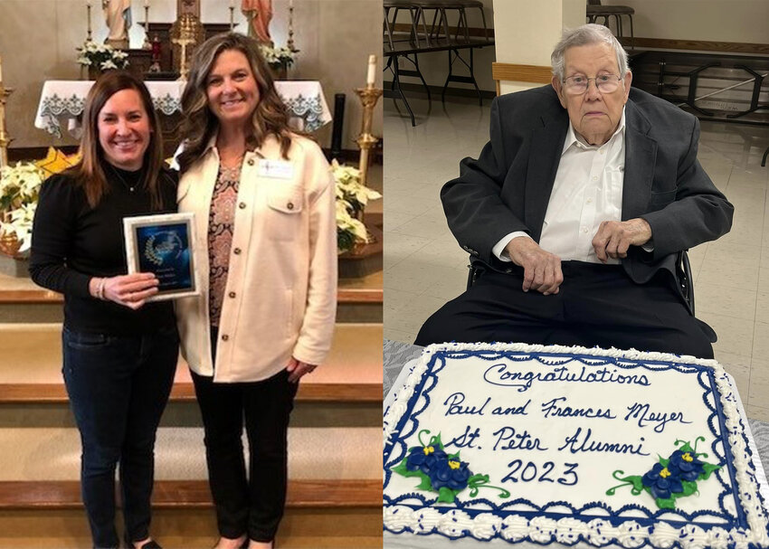 LEFT: Toni (Struemph) Miller, this year&rsquo;s honoree from Immaculate Conception School in Jefferson City, poses with Principal Heather Schrimpf. RIGHT: Paul Meyer, along with his wife, Frances, who died last June, were honored with this year&rsquo;s award from St. Peter School in Jefferson City.