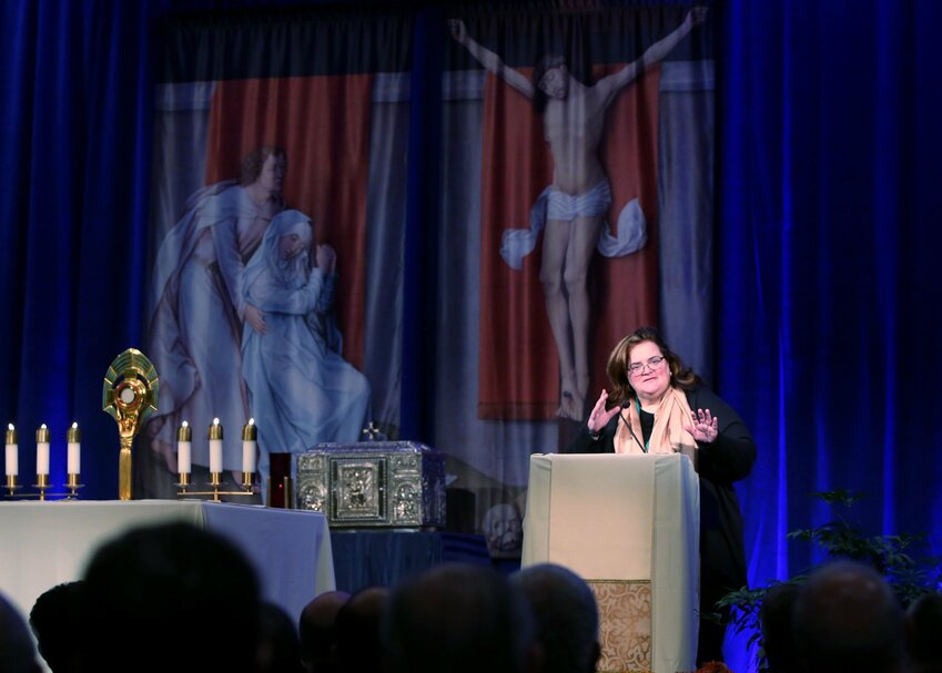 Abuse survivor Teresa Pitt Green of Spirit Fire, a Christian restorative justice initiative founded by two survivors of clergy abuse in the United States, speaks to bishops in the chapel during a day of prayer Nov. 12, 2018, at the fall general assembly of the U.S. Conference of Catholic Bishops in Baltimore.