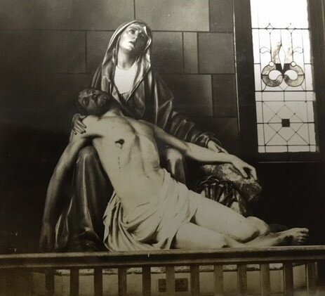 This black-and-white photo, taken in 1932, is the only known image of the &ldquo;Pieta&rdquo; statue in St. Peter Church in Marshall that shows it before it was painted white.