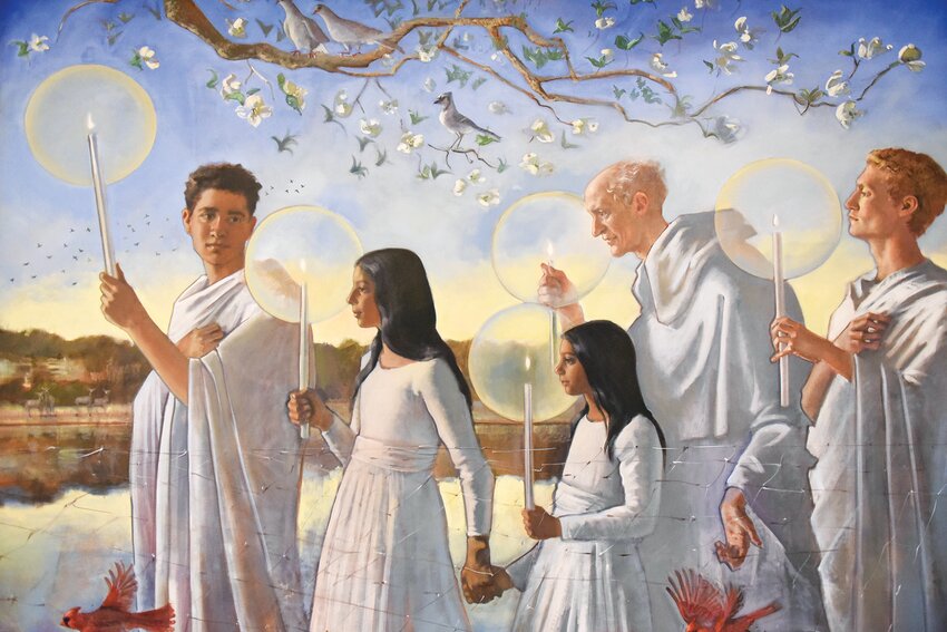 Individuals representing people of all ages, backgrounds and skin tones process along an idealized image of the Missouri River while caught up in a fishing net, in this mural by artist Gwyneth Thompson-Briggs, adorning a wall of the Baptistry in the Cathedral of St. Joseph in Jefferson City. The newly promulgated pastoral plans for the diocese and its deaneries encourage all Catholics to take up their Baptismal call to pursue holiness and participate fully in carrying-out the mission of the Church.