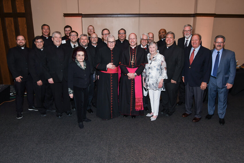 Bishop W. Shawn McKnight gathers with priests, seminarians and friends from the Jefferson City diocese during the Pontifical College Josephinum&rsquo;s Good Shepherd Dinner on April 15. The Josephinum presented him with its highest honor for clergy, the Good Shepherd Award, that evening.