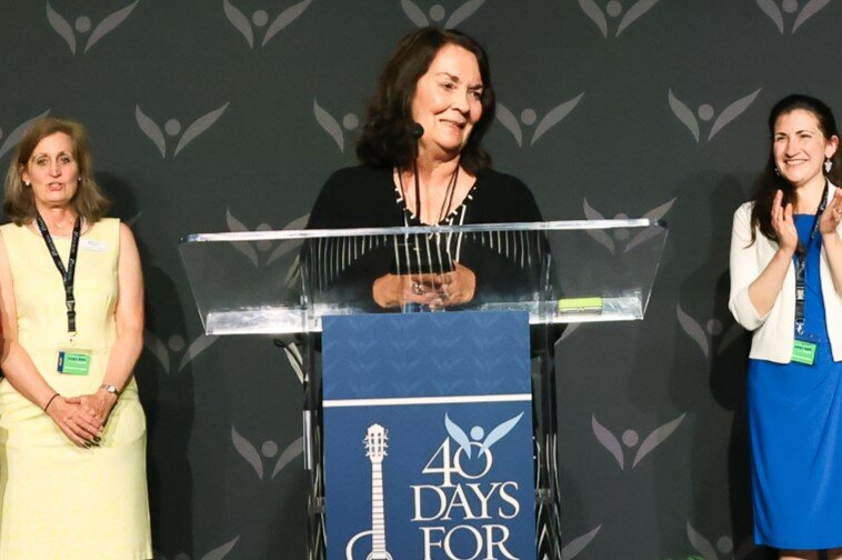 Kathy Forck, co-coordinator for the Columbia 40 Days for Life Campaign in Missouri, addresses fellow participants July 13 at a 40 Days for Life national symposium in Nashville.