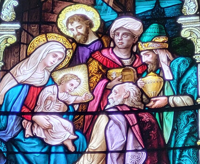 This stained-glass window depicting the Three Wise Men adoring the infant Jesus adorns the sanctuary of the Shrine of Our Lady of Sorrows in Starkenburg.