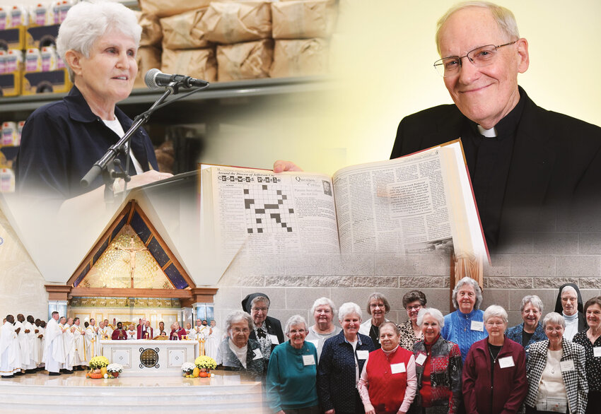 Sister Kathleen Wegman SSND, Father Donald Antweiler, priests of the Jefferson City diocese and some of the religious sisters now living and serving in the diocese are featured in this illustration for the 2024 Easter Special Collection to benefit retired priests and religious.