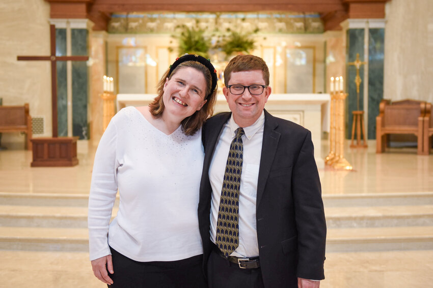 Andrew and Katherine Meagher stand near the sanctuary of the Cathedral of St. Joseph in Jefferson City after the Chrism Mass on April 15. Dr. Meagher is director of music for Cathedral of St. Joseph Parish. Mrs. Meagher is a trained vocalist.