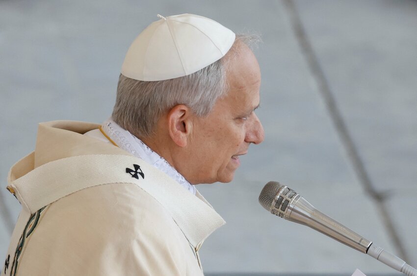 Pope Leo XIV, formerly Cardinal Robert Francis Prevost, delivers the homily as he celebrates his inauguration Mass at the Vatican May 18, 2025. He is the first American pope in history.