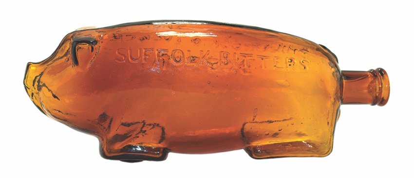 There have been copies of the antique Suffolk pig bottles in other colors of glass. The original bottle is 10 inches long and has a smooth base.