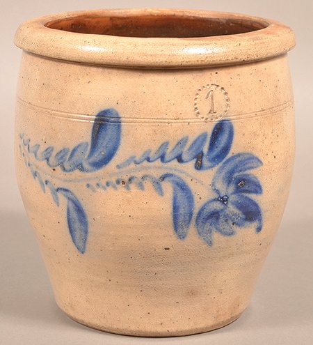 This 1-gallon stoneware crock has the impressed mark of Daniel Shenfelder pottery, proving it was made about 1870 in Pennsylvania.
