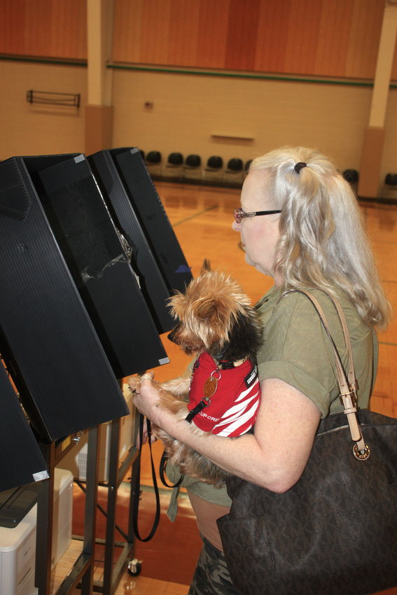 Krista Faw, accompanied by Shawty, fills in her ballot at the City Precinct at Murray County Recreation Department on Tuesday morning. One poll worker described voting at the precinct as &ldquo;steady.&rdquo; More than 2,000 Murray County voters cast early ballots.