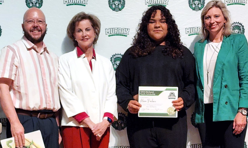 rom left, David McDaniel, GNTC Foundation Board Chair Sherrie Patterson, scholarship recipient Alexa Pacheco and Murray County High School Principal Andrea Morrow pose for the first award of the McDaniel Family Scholarship.