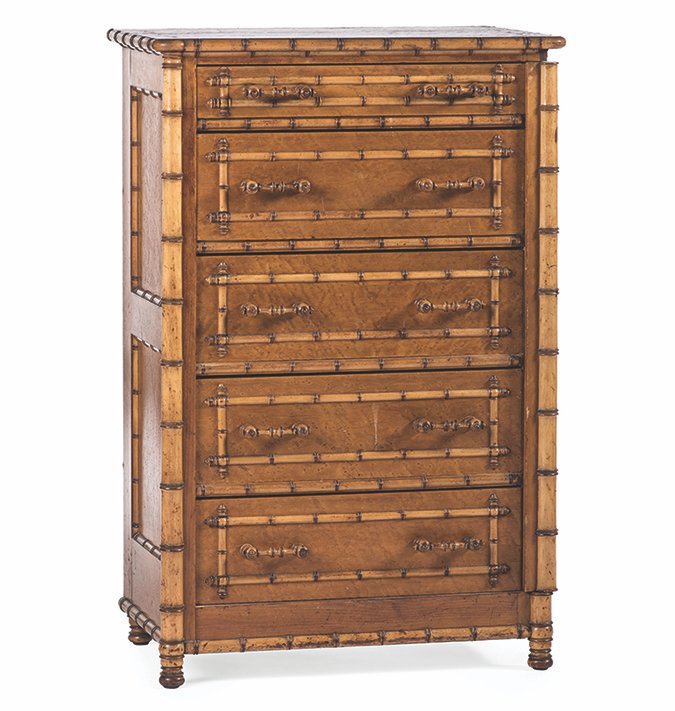 Fake bamboo was often used as trim on late Victorian furniture. The trim plus the clever side lock on the chest made this Horner piece worth over $1,000.