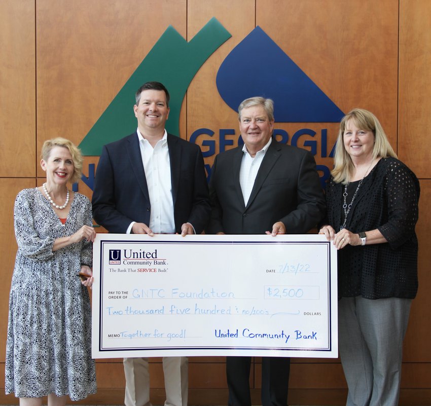 From left, Lauretta Hannon, executive director of the GNTC Foundation; Jarrod S. Floyd, UCB senior vice president/commercial relationship manager; Scott Tucker, UCB northwest Georgia region president; and Dr. Heidi Popham, president of GNTC, announce the UCB Foundation&rsquo;s donation to GNTC.