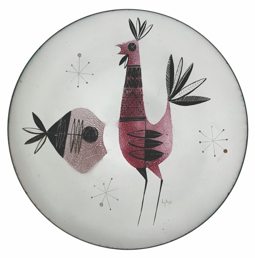 This large, enameled copper plate is decorated with a stylized rooster, fish and three star-like designs. The back is textured enamel with the mark &quot;Karamu OH Hykes.&quot;