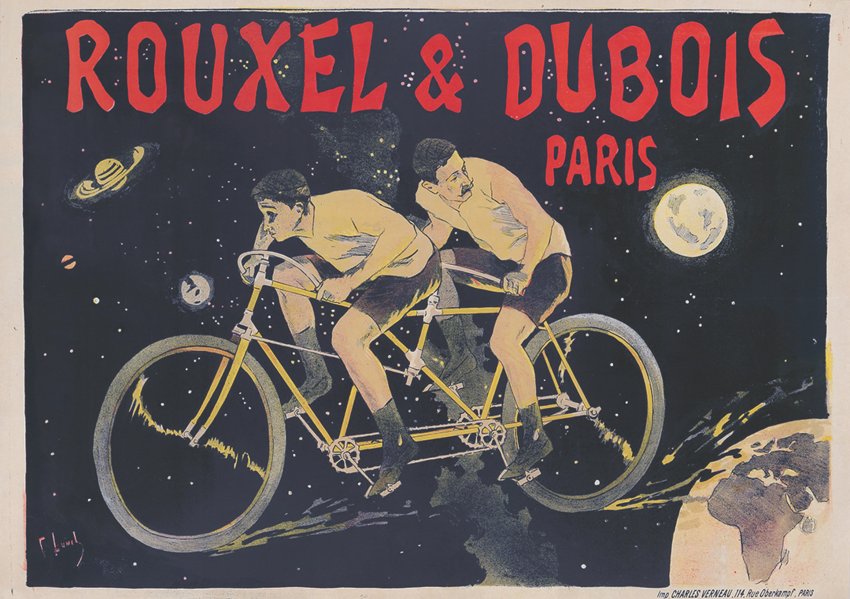 Advertising posters often had fanciful illustrations to attract attention. This one with tandem bicyclists sold for $6,600 at Poster Auctions International.