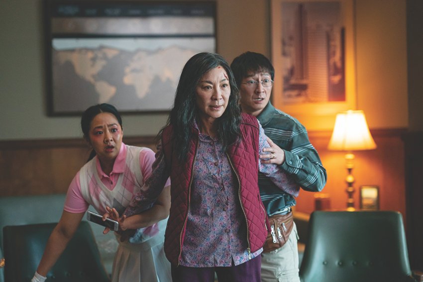From left, Stephanie Hsu, Michelle Yeoh and Ke Huy Quan star as the Wang family in &quot;Everything Everywhere All At Once.&quot;