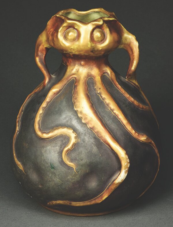 Amphora pottery made in Bohemia during the art nouveau period is prized for its elaborate nature-themed decorations. This octopus vase brought $6,600 at a Morphy auction in 2021.