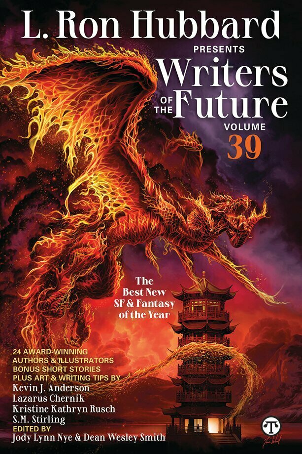 The winning art entitled “Wyvern Crucible” by Tom Wood graces the cover of L. Ron Hubbard Presents Writers of the Future Volume 39.