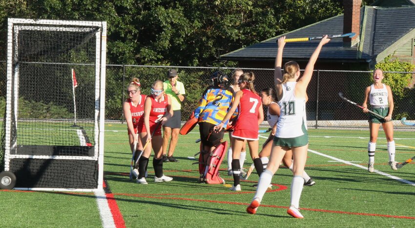 Hornets celebrate one of six goals against Amesbury, Monday afternoon.  ME shut out the Red Hawks 6-0.  The field hockey team is 7-1-1 for the season.