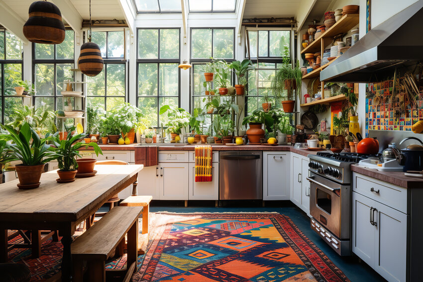 This kitchen embraces several design trends for 2024—creating an outdoor connection inside with lots of plants, embracing eclectic elements, and entering the world of bright colors.