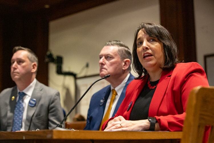 Lt. Gov. Kim Driscoll (right) testifies before the Joint Committee on Bonding about the administration's housing bill on Tuesday, April 2, 2024, accompanied by Administration and Finance Secretary Matthew Gorzkowicz (left) and Housing Secretary Edward Augustus (center).