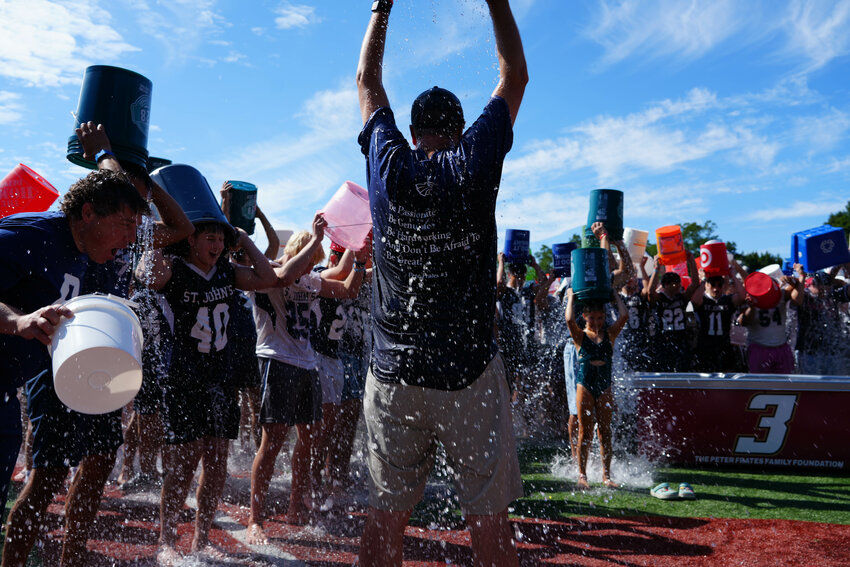 More than 500 attendees participated in a commemorative ice bucket challenge at St. John’s Prep on Thursday to celebrate the 10th anniversary of the global phenomenon popularized by late alumnus Pete Frates.