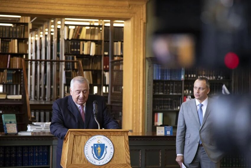 House Speaker Ron Mariano (left) and House Ways and Means Committee Chair Aaron Michlewitz (right) roll out their fiscal year 2026 budget proposal to the press on April 16, 2025.