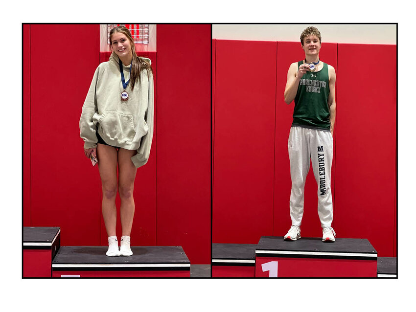 Hornets Indoor Track winners Meg Hurd (third in high jump in the CAL Open) and Nate Gardner (first in 55 high hurdles in CAL Open).