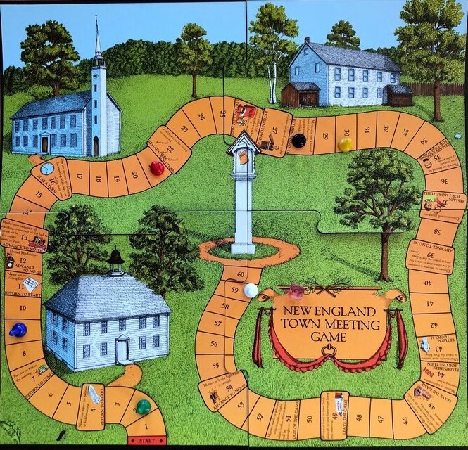 New England Town Meeting Board Game, created in 1979 by Elizabeth Banks MacRury.