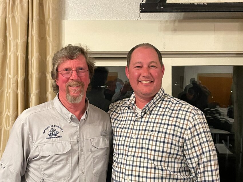 Harbormaster, Bion Pike, April’s MC speaker here with club President Kevin Delaney.