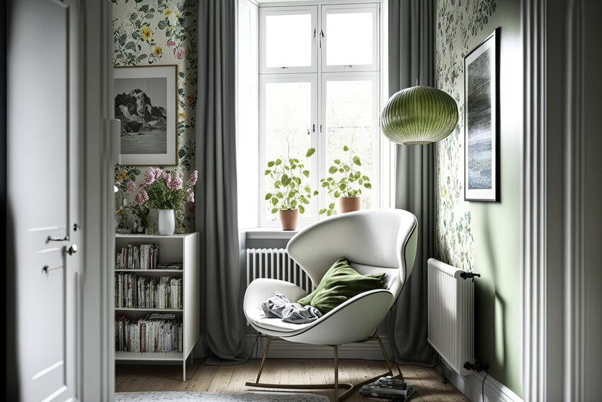 A chic interior with a nice, light filled room to read books or browse interior design publications. Armchair design and wallpaper with a floral motif. Generative AI