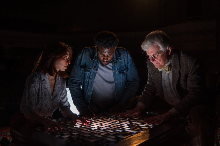 The cast of the paranormal play “Simon Says,” opening Oct. 16 in Beverly.  From left, Molly Chiffer, Kayode Akinyemi, and award-winning Gloucester actor Malcolm Ingram.