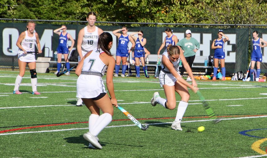 Hornet Abby Kent fires a shot towards the back of the net in an earlier match against Danvers.  ME won 4-0.  At press time the Hornets are 7-1-1.  Kent has a record of 6 goals and 7 assists.  ME next faces Gloucester on October 3.