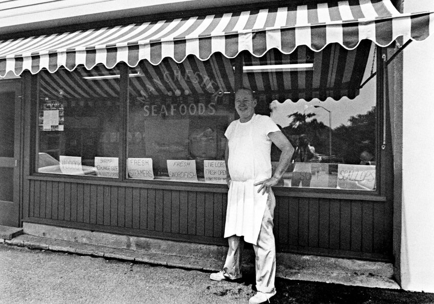 Bob Flanders, proprietor of Manchester Seafoods on Central Street who ran the business with his wife, Vi.  The couple taught young Pete Willwerth how to boil and pick lobsters, skin fillets, chip blocks of ice, and set up the showcase just so. 