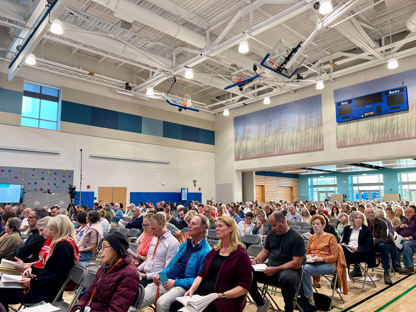 More than 425 residents showed up Monday at Manchester’s 2025 Annual Town Meeting to vote on the town’s annual budget, school district FY26 funding, and accessory dwellings, a BOH tobacco restriction, among other items.  (Photos Paul Clark, Erika Brown)