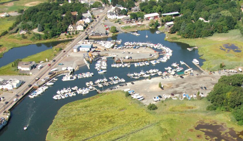 A drone shot of the Essex Causeway, showing the town's public boat launch.  This year, the town announced it will sell 10 slots for accessing the launch by lottery to out-of-towners.