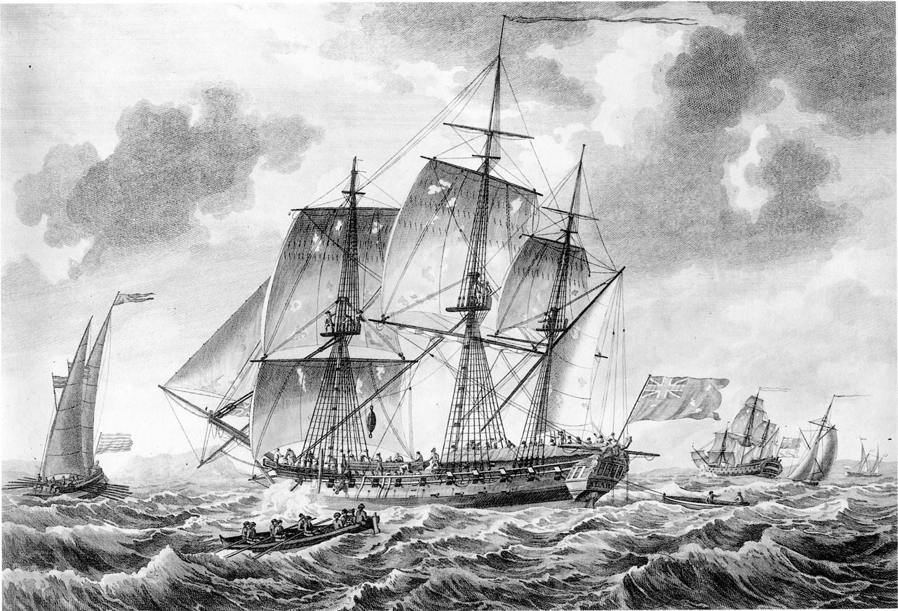A 32-gun Royal Navy Frigate.  This shows a British battleship of the same class as the HMS "Blonde," whose captain and men captured Capt. William Tuck of Manchester and the men of the privateer "Lyon," only to be wrecked, in April, 1782, during a storm off Yarmouth, Nova Scotia.  All hands--American and British--survived and found themselves together on an island, awaiting rescue...