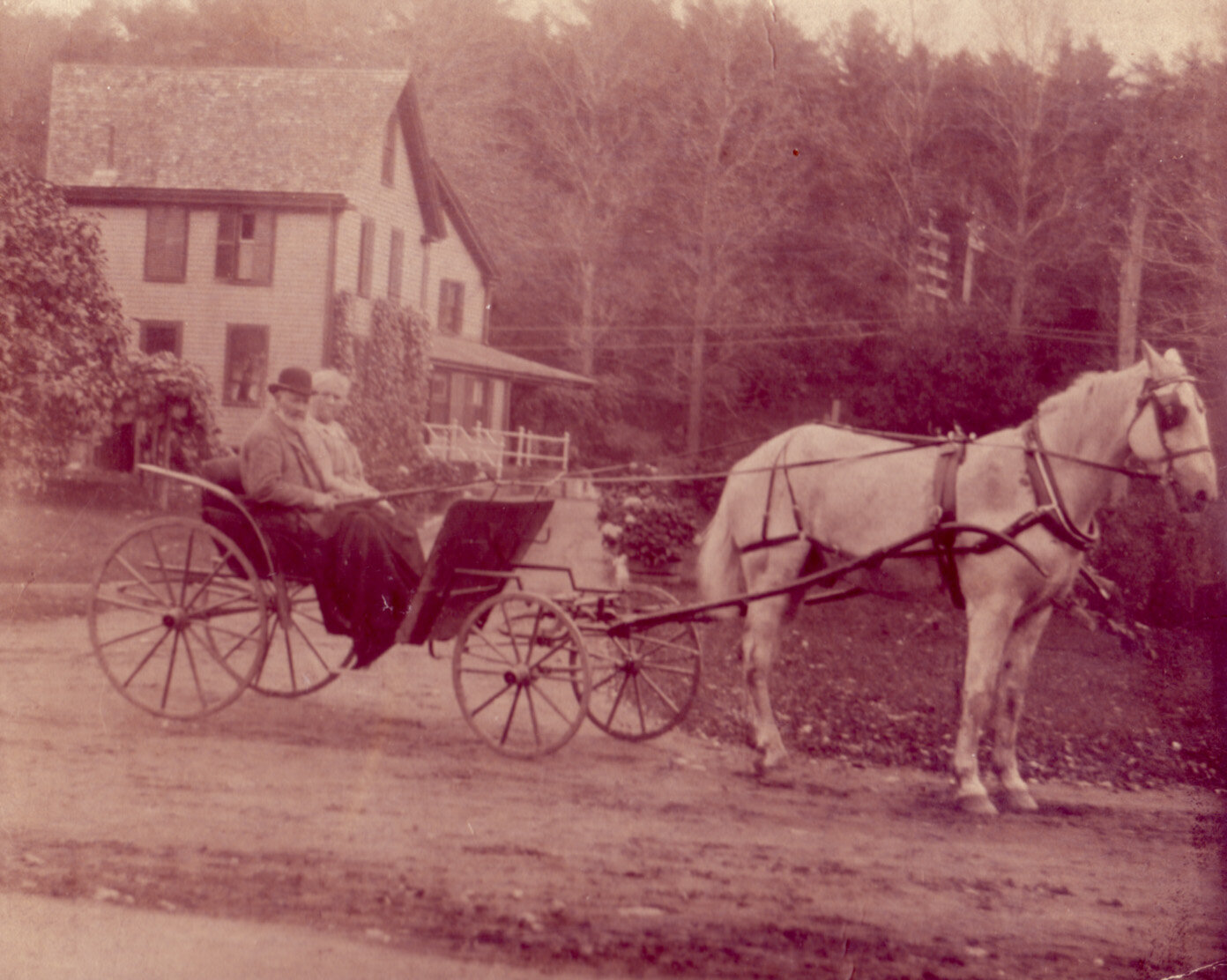 Daniel Linehan and his wife Mary in front of their house.  Daniel was always listed as a laborer, but he and his son John had one of the major construction companies in Beverly Farms at the end on 19th to early 20th century.
