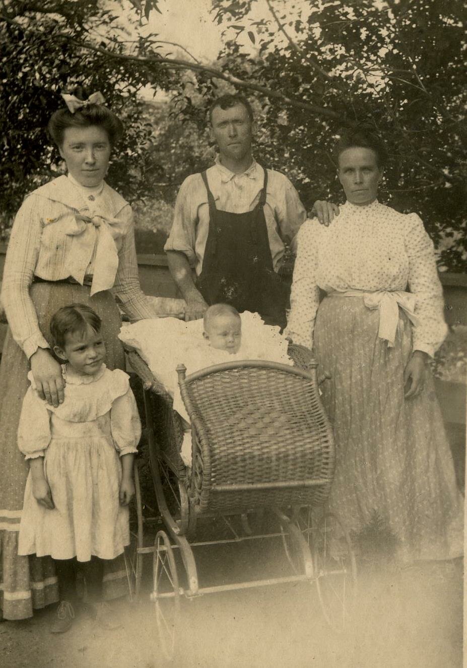 The Patrick Barry family with friend Ann Ahearn. From Left, child Margaret Barry, Ann Ahearn, Patrick Barry, Mary Barry, baby Cornelius Barry.  