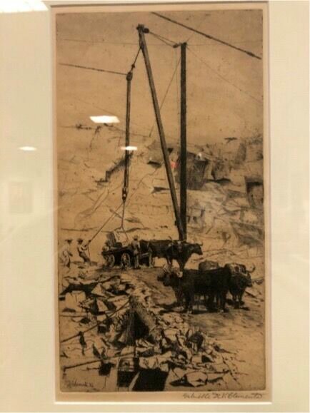 “The Derrick”, etching on paper, 1884, by Gabrielle de Veaux Clements, Gift of Harold and Betty Bell, Cape Ann Museum.  The etching illustrates stone being loaded onto an ox-drawn wagon at Flat Ledge Quarry in Pigeon Cove, Rockport.  