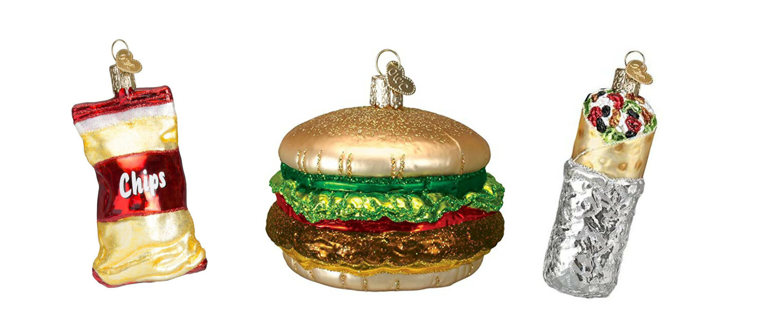 Ornaments For The Foodie | Here’s a set up whimsical glass ornaments for the foodie in your life.  The Brass Monkey in Gloucester is featuring these unique ornaments for the tree.  Here, a burrito ($19.99), a cheeseburger ($17.99), and a bag of chips ($13.99).  Get one or get a set.Brass Monkey | GloucesterMonday – Saturday | 10 a.m. to 6 p.m.Sunday | 10 a.m. to 5 p.m.(978) 879-4791