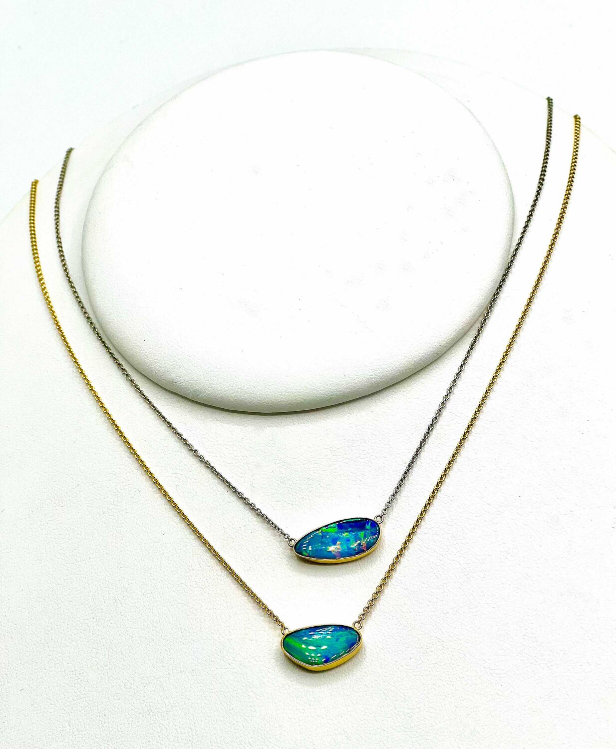Boulder Opal Necklaces | Lovely delicate Boulder Opal chain necklaces, made by Aimee Bode from her mother Mahri’s vast collection of gemstones.  In white or yellow 14K gold.  $975 and $1,150MAHRI | ManchesterWednesday – Saturday | 10 a.m. to 5 p.m.Sunday | Noon to 5 p.m.Monday | 10 a.m. to 5 p.m.(978) 526-7241