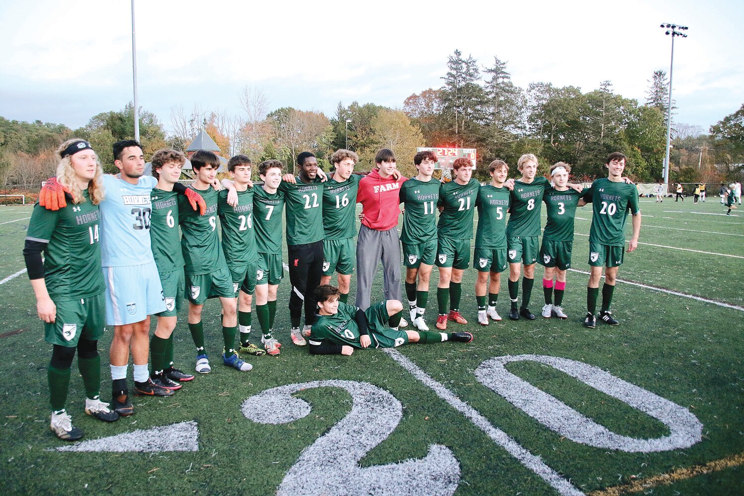 On October 28, the ME Hornets celebrated Senior Night at Hyland Field. The players present their parents with bouquets of flowers thanking them for the hours of time they have dedicated to the boys’ athletic and scholastic endeavors.The boys defeated Ipswich to secure their fifth CAL Baker title in the last six seasons. Pictured left to right; Simon Rubin, Theodoros Parianos,Jagger Nowak, Theo Brown, Gus Brown,Jackson Cawley,Naderson Curtis, Andrew Amigo,Anton Westrick, Gannon Costello, Aidan Cunningham, Eli Cox,Cameron Light, Cian Doyle, John Pope and front and center, Beren Schmidt.