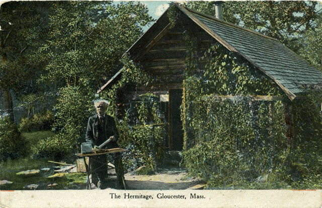 A postcard that shows Mason Walton outside his small cabin in Ravenswood Park where he was the only "tax paying resident" at the time. 