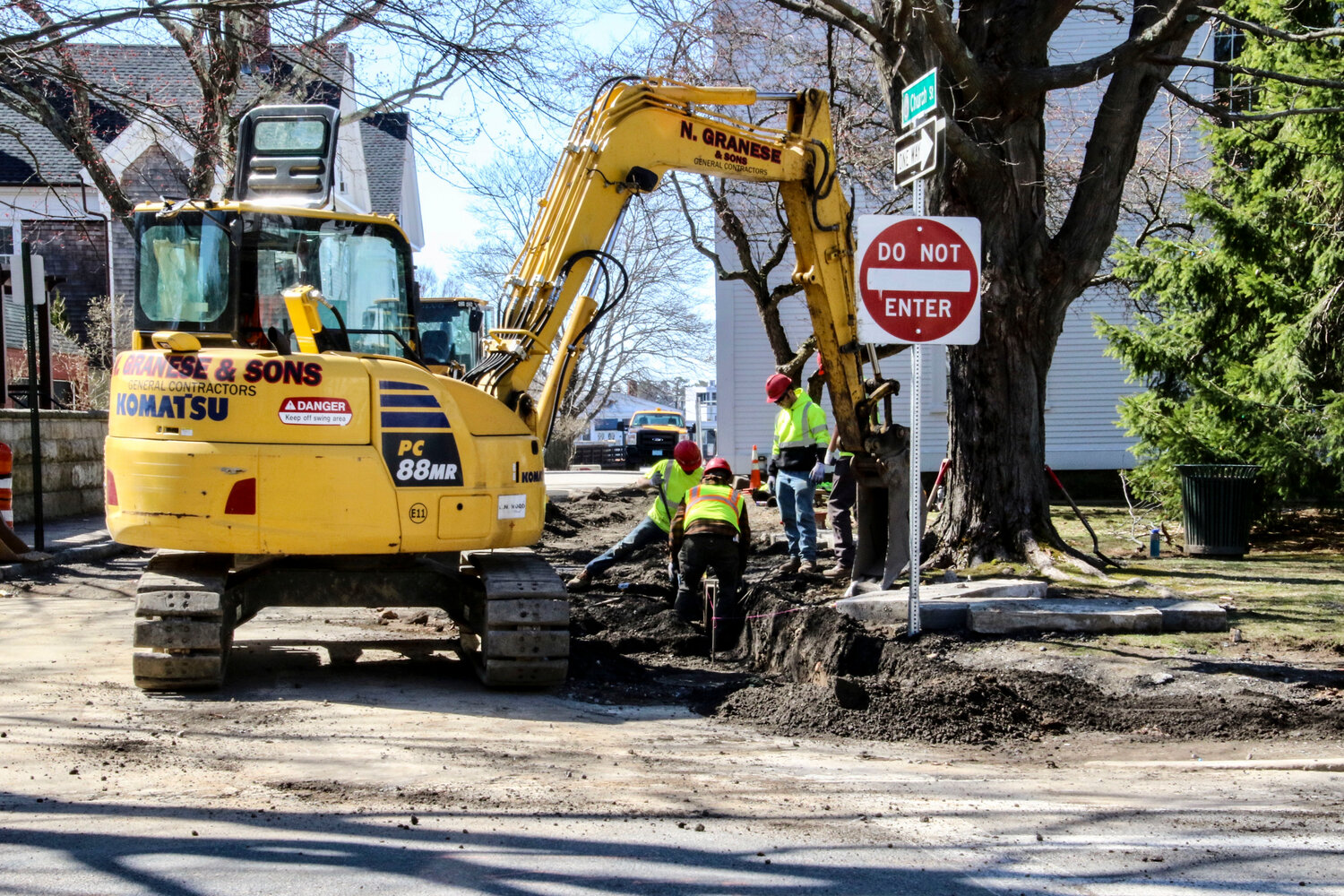 APRIL | Work continues on a new drainage line at the corner of Central, School and Church Streets. Once the new line is installed the pedestrian crossing can be reconfigured and completed. (Photo: Paul Clark)